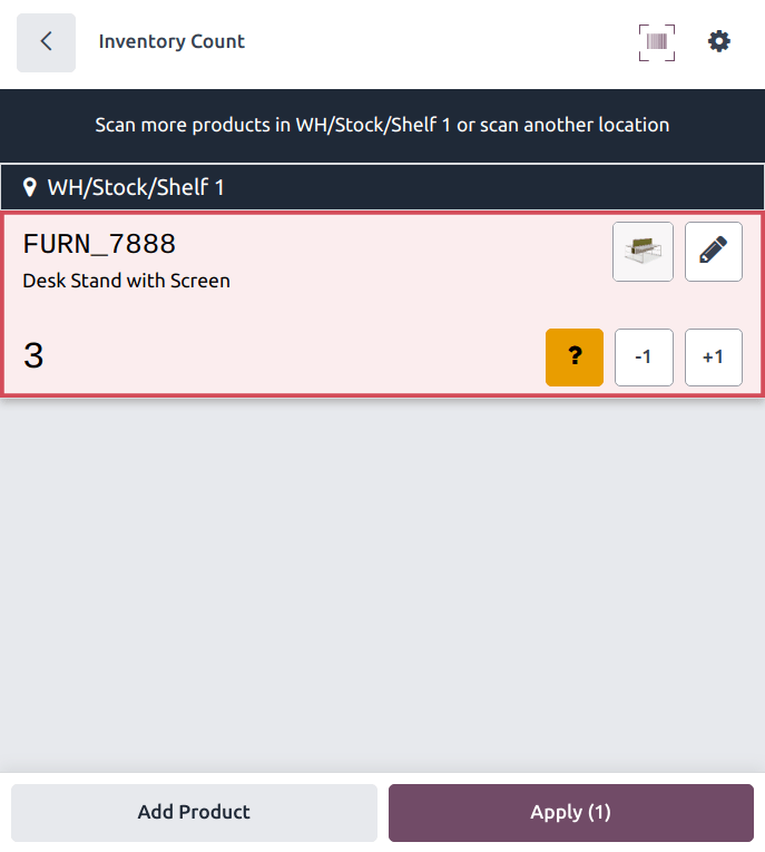 Barcode Inventory Client Action page with inventory adjustment.