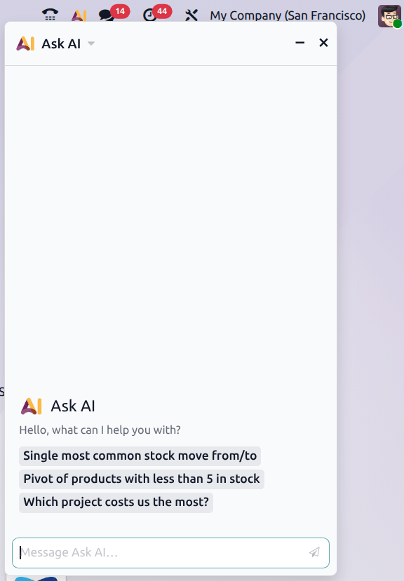 The AI button opens a window that includes suggested conversation prompts.