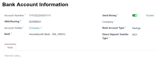 Enter the company/vendor bank account information, then click Save.