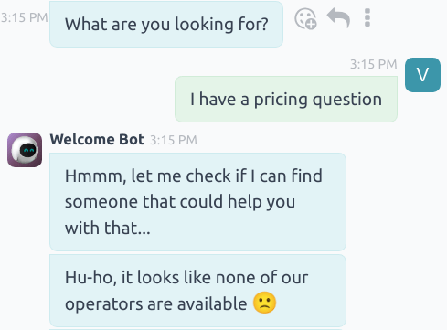 View of a chatbot follow up messages when no live chat operator is available.