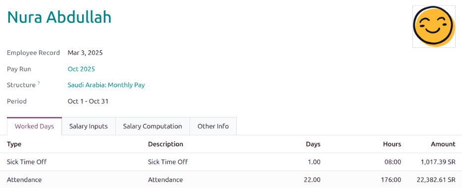 The worked days tab of a payslip.