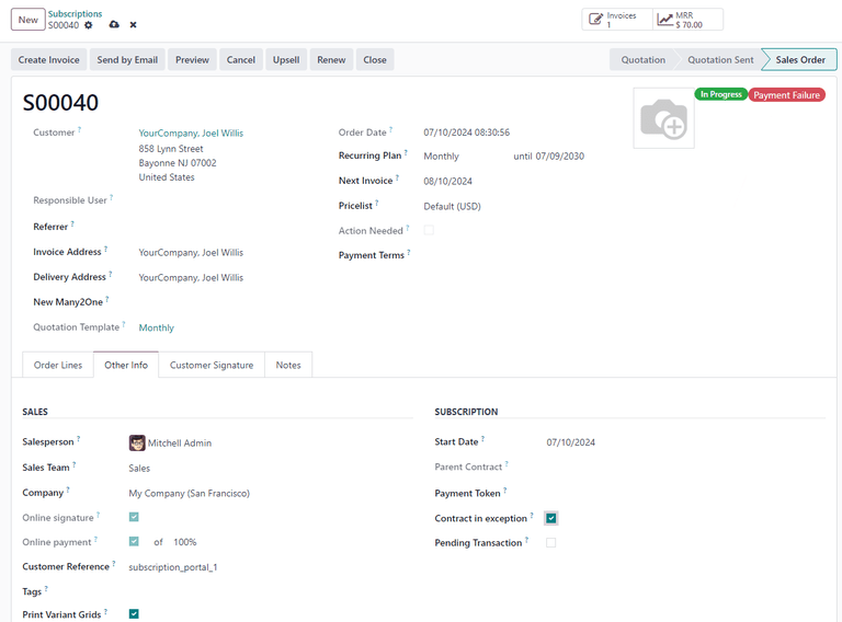 The contract in exception option selected with the payment failure tag shown.