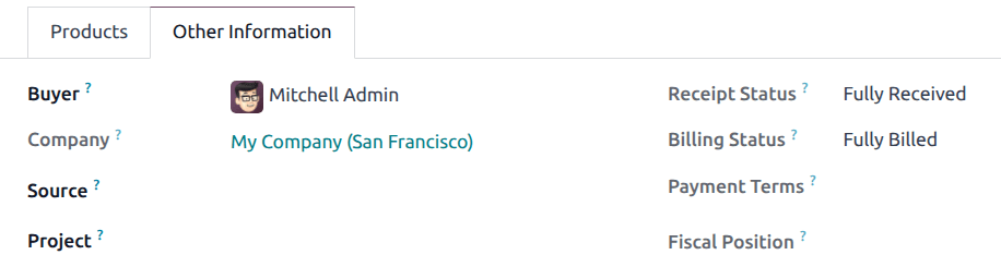 Billing status field on a purchase order form.