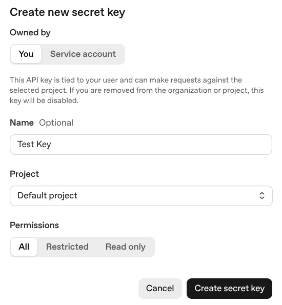 The popup where new api keys are created in OpenAI.