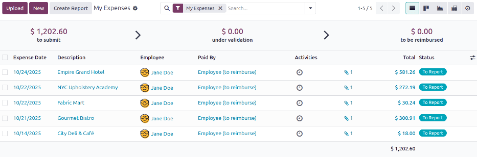 Select the expenses to submit, then create the report.