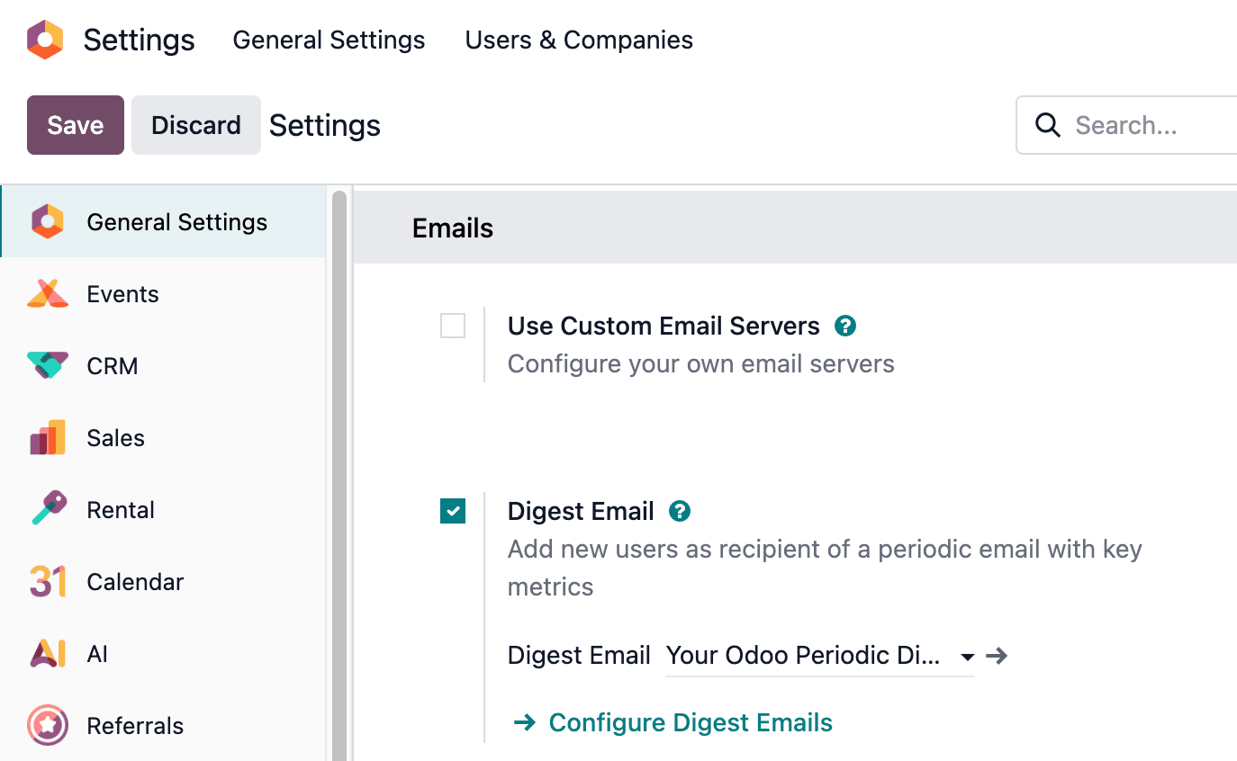Digest Emails section inside General Settings.