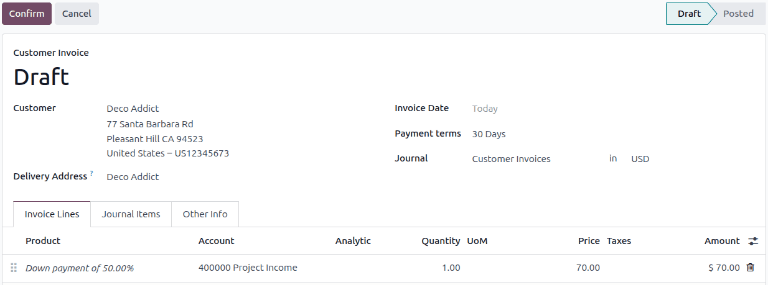 A sample draft invoice with down payment mentioned in Odoo Sales.