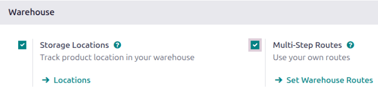 Enable Storage Locations and Multi-Step Routes in the inventory settings.