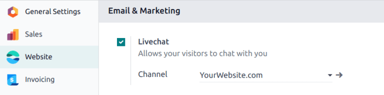 View of the settings page and the live chat feature for Odoo Live Chat.