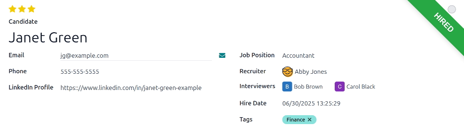 Hired banner in the top-right corner of applicant card.