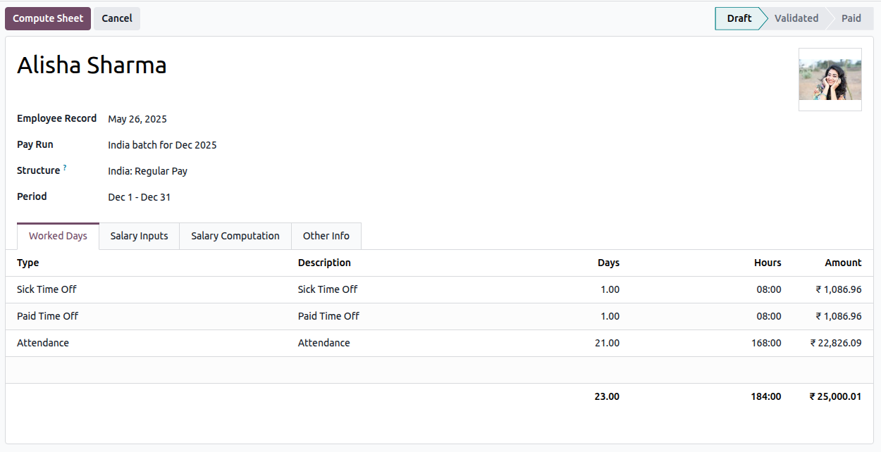 The worked days tab of a payslip.