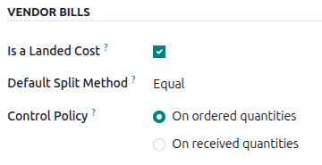Is a Landed Cost checkbox and Default Split Method on service type product form.
