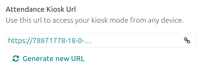 The Attendances Kiosk URL field in the settings section of the Attendances application.