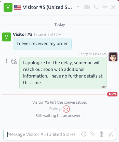 View of a chat window from an operator's window highlighting a rating for Odoo Live Chat.
