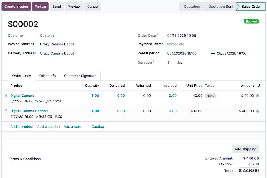 A deposit service product listed in the rental quotation.
