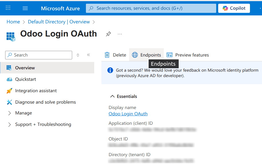Application ID and OAuth 2.0 authorization endpoint (v2) credentials.