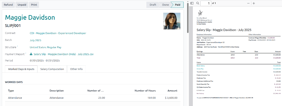 The new payslip is emailed to the employee and the email appears in the chatter.