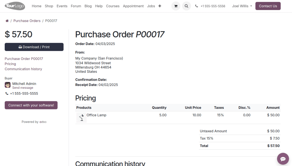 Portal view of the PO, with "Connect your software!" button.