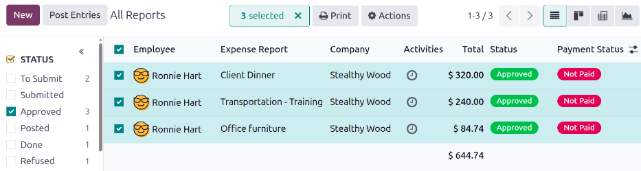 Post multiple reports at a time from the Expense Reports view, with the Approved filter.