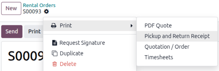 The pickup and return receipt print option in the Odoo Rental application.
