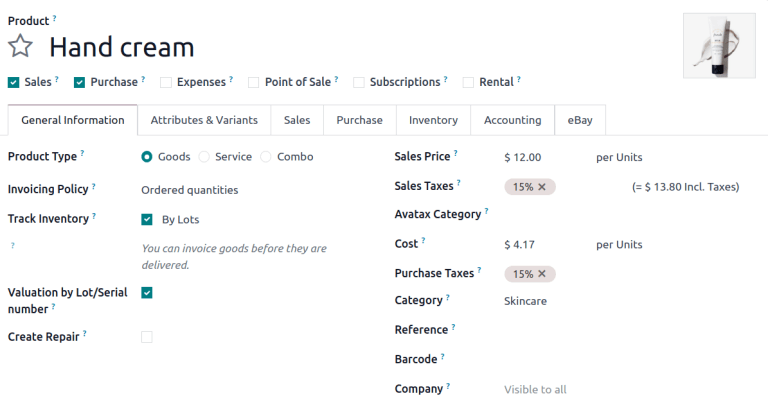 Product form showing the Valuation by Lot or Serial Number feature.