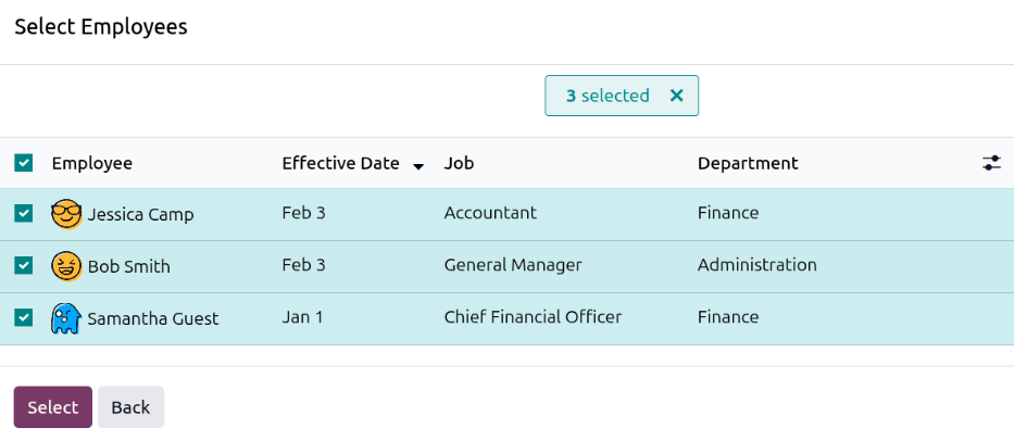 The pay run employee selection pop-up window.