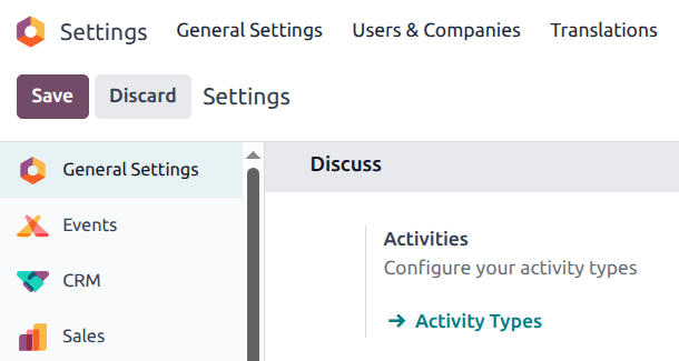 Activity Types button in the Settings application under the Discuss section.