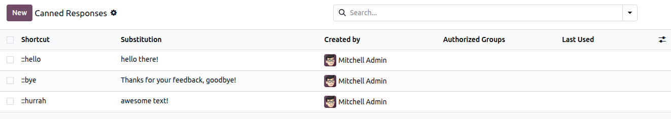 A list of canned responses emphasizing the shortcut and substitution fields.