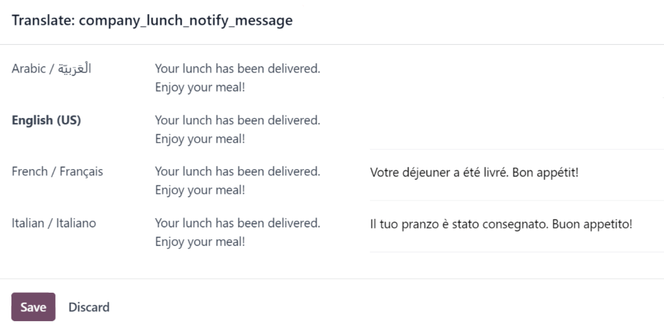 The translation text box, with the current language highlighted, and the Arabic translation field highlighted.