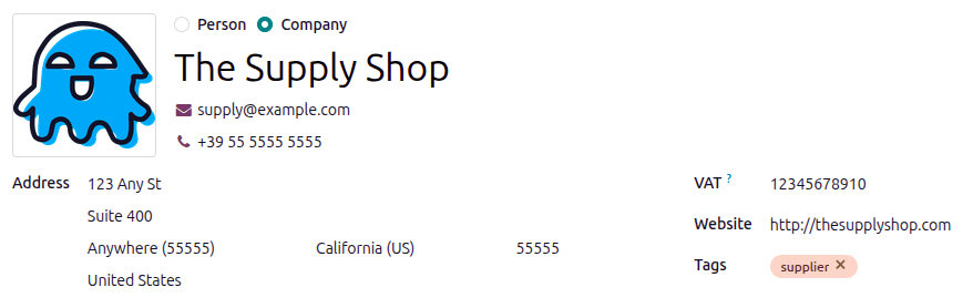 The contact record for a company with address information completed.
