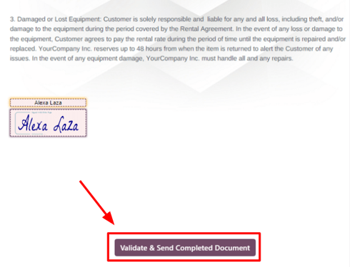 Sample of a signed document with the Validate & Send Completed Document button.