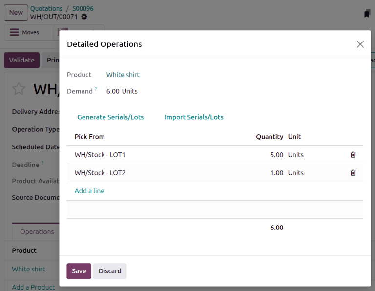 Two lots being reserved for a sales order with the FIFO strategy.