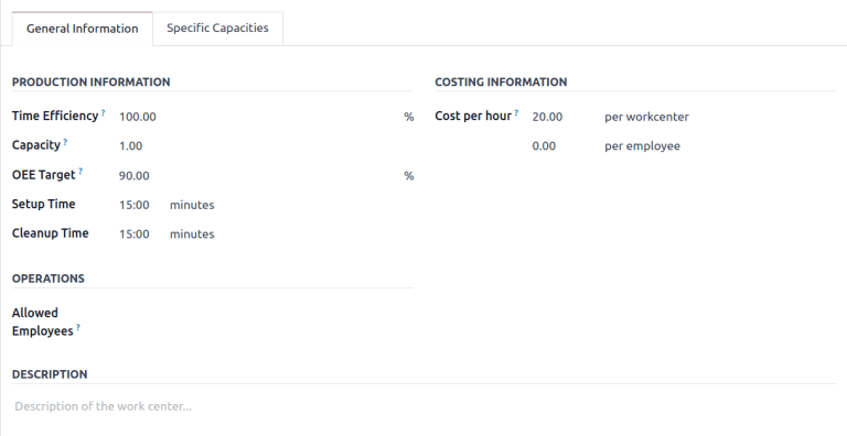 The general information tab of the work center form.